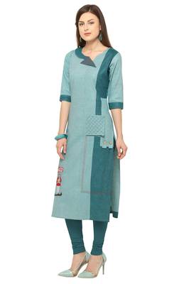 Turquoise Khadi Cotton Embroidery Straight Casual Wear Kurti 3