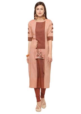 Brown Khadi Cotton Embroidery Straight Casual Wear Kurti 1