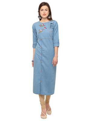 Sky Blue Denim Cotton Printed Straight Casual Wear Kurti 1