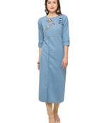 Sky Blue Denim Cotton Printed Straight Casual Wear Kurti