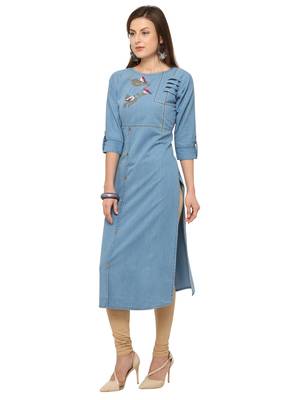 Sky Blue Denim Cotton Printed Straight Casual Wear Kurti 2