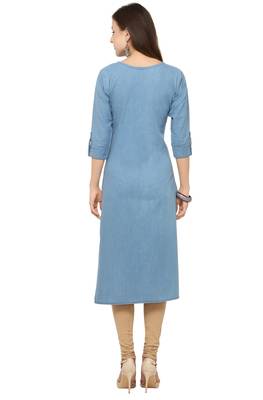 Sky Blue Denim Cotton Printed Straight Casual Wear Kurti 3