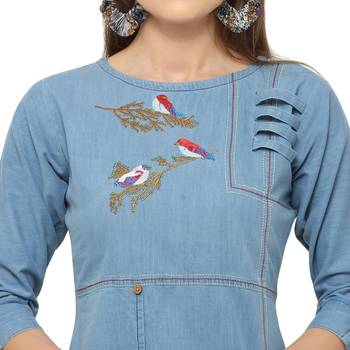 Sky Blue Denim Cotton Printed Straight Casual Wear Kurti 4