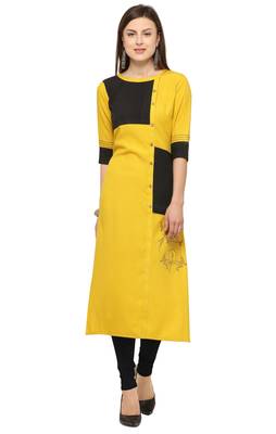 Yellow Cotton slub Embroidery Straight Casual Wear Kurti 1