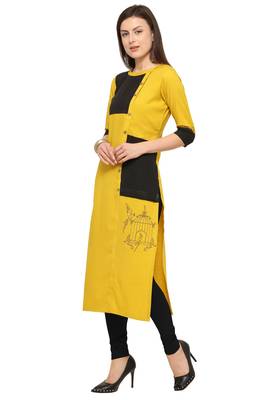 Yellow Cotton slub Embroidery Straight Casual Wear Kurti 2