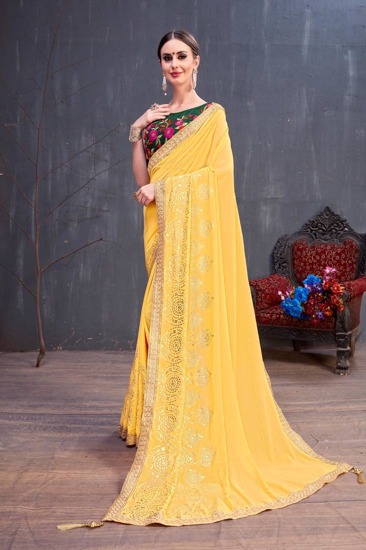 Yellow Embroidery Georgette Saree With Blouse