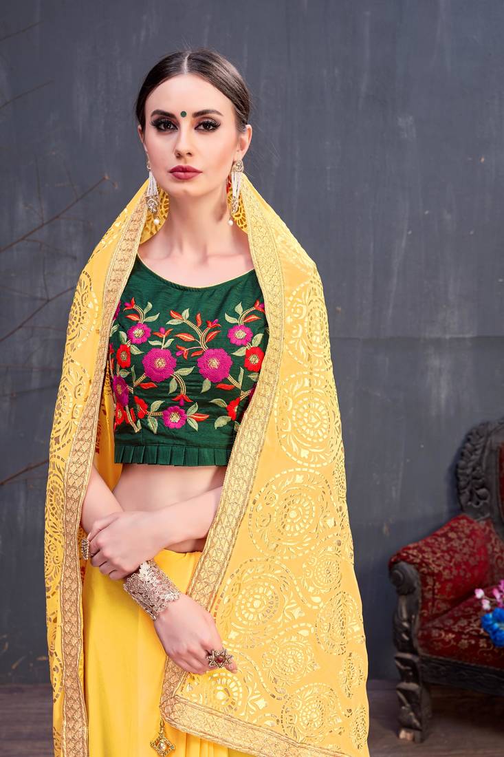 Yellow Embroidery Georgette Saree With Blouse