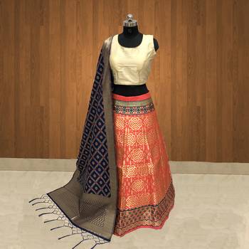 Orange Brocade Jacquard Semi Stitched Lehenga 1