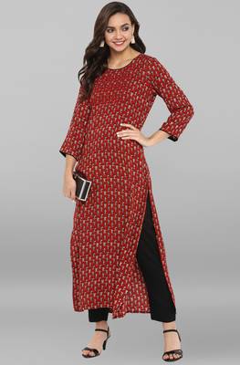 Janasya Maroon printed rayon ethnic kurti with narrow pant 1