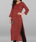 Janasya Maroon printed rayon ethnic kurti with narrow pant