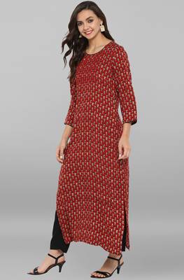 Janasya Maroon printed rayon ethnic kurti with narrow pant 3