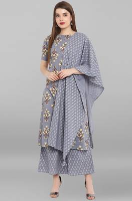 Janasya Grey printed cotton ethnic kurti with palazzo and dupatta 1