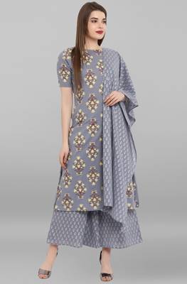 Janasya Grey printed cotton ethnic kurti with palazzo and dupatta 2