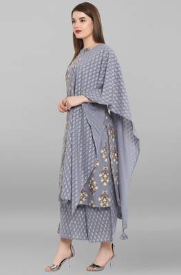 Janasya Grey printed cotton ethnic kurti with palazzo and dupatta 3