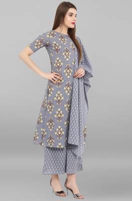 Janasya Grey printed cotton ethnic kurti with palazzo and dupatta 4