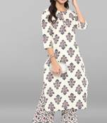 Janasya Cream printed cotton ethnic  kurti with straight pant