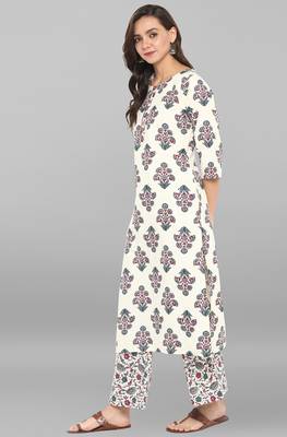 Janasya Cream printed cotton ethnic  kurti with straight pant 3
