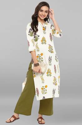 Janasya Cream printed cotton ethnic kurti with straight pant 1