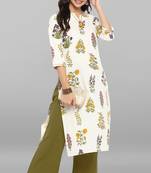 Janasya Cream printed cotton ethnic kurti with straight pant