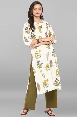 Janasya Cream printed cotton ethnic kurti with straight pant 2