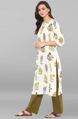 Janasya Cream printed cotton ethnic kurti with straight pant 3