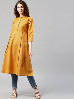 mustard cotton long kurti with quarter sleeves 1