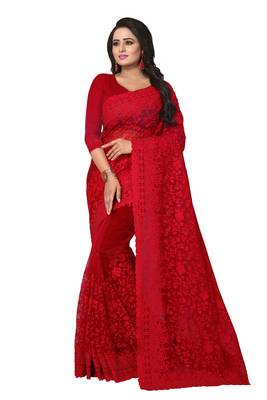 Red Embroidered Net Saree With Blouse 1