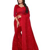 Red Embroidered Net Saree With Blouse