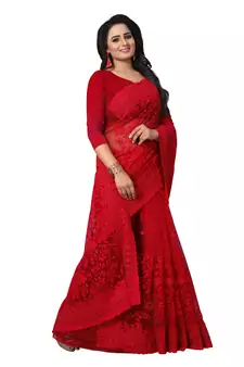 Red Embroidered Net Saree With Blouse