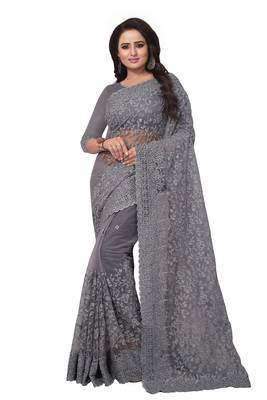 Grey Embroidered Net Saree With Blouse 1