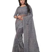 Grey Embroidered Net Saree With Blouse