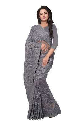Grey Embroidered Net Saree With Blouse 2