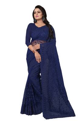 Navy Blue Embroidered Net Saree With Blouse 1