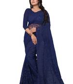 Navy Blue Embroidered Net Saree With Blouse