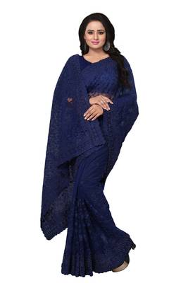 Navy Blue Embroidered Net Saree With Blouse 2