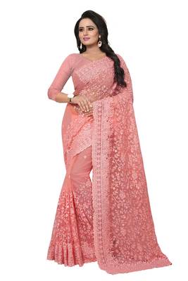 Light Pink Embroidered Net Saree With Blouse 1