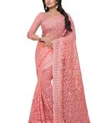 Light Pink Embroidered Net Saree With Blouse