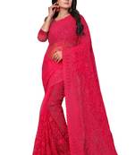 Dark Pink Embroidered Net Saree With Blouse