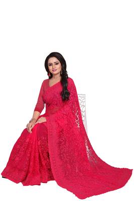 Dark Pink Embroidered Net Saree With Blouse 2