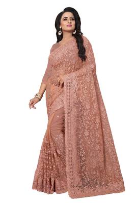 Peach Embroidered Net Saree With Blouse 1