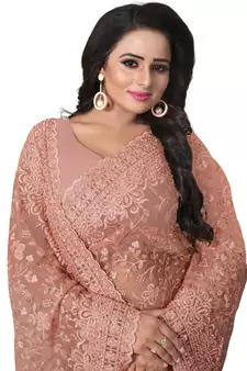 Peach Embroidered Net Saree With Blouse