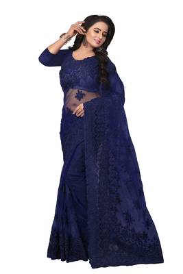 Navy blue embroidered net saree with blouse 1