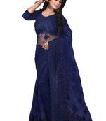 Navy blue embroidered net saree with blouse