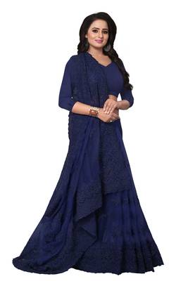 Navy blue embroidered net saree with blouse 2