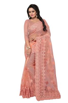 Peach embroidered net saree with blouse 1