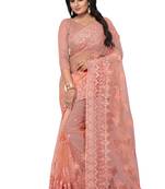 Peach embroidered net saree with blouse