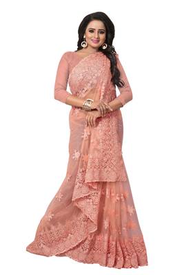 Peach embroidered net saree with blouse 2