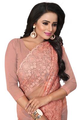 Peach embroidered net saree with blouse 3