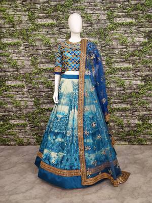 Blue Embroidered Art Silk Unstitched Lehenga 8