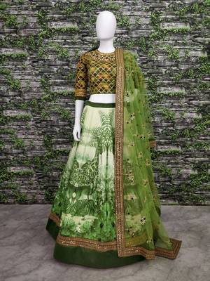 Green Embroidered Art Silk Unstitched Lehenga 4
